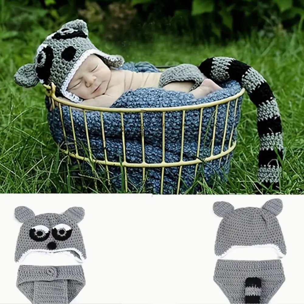 Raccoon Baby Outfit 2pc Crocheted Knitted Photo Shoot Tail Animal Photography